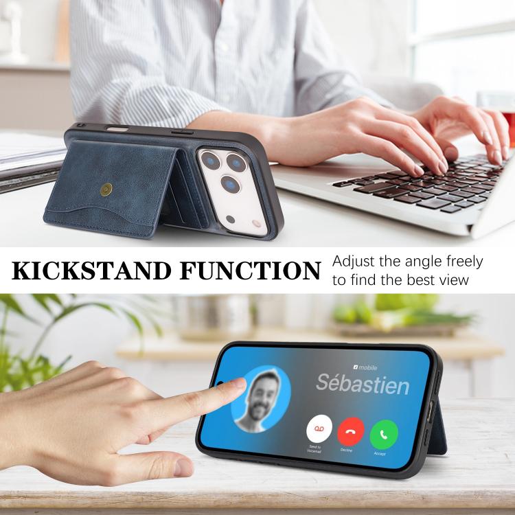 For iPhone 17 Pro Max Kalebol Magnetic Button Card Bag MagSafe Ring Leather Phone Case(Blue) - iPhone 17 Pro Max Cases by Kalebol | Online Shopping UK | buy2fix