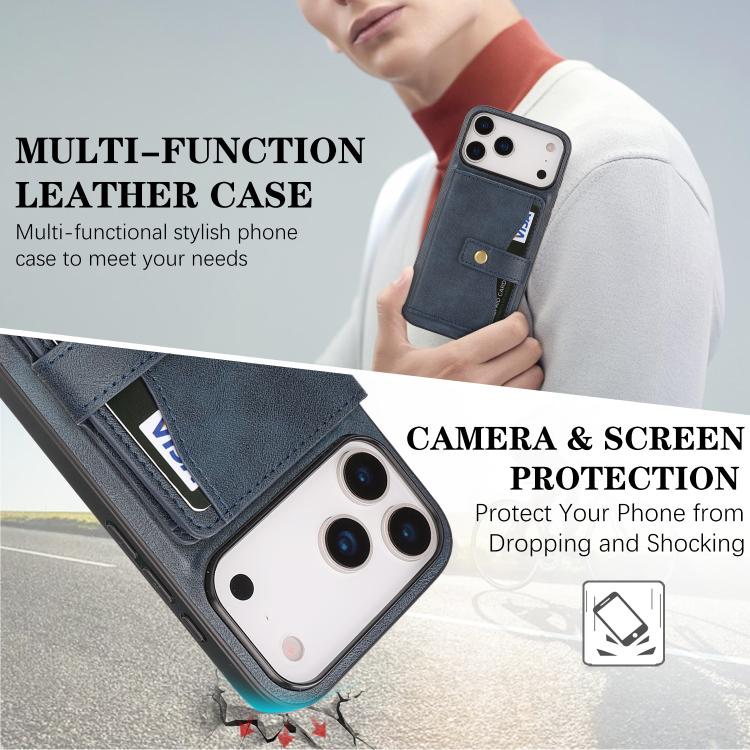 For iPhone 17 Pro Max Kalebol Magnetic Button Card Bag MagSafe Ring Leather Phone Case(Blue) - iPhone 17 Pro Max Cases by Kalebol | Online Shopping UK | buy2fix