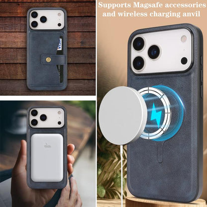For iPhone 17 Pro Max Kalebol Magnetic Button Card Bag MagSafe Ring Leather Phone Case(Blue) - iPhone 17 Pro Max Cases by Kalebol | Online Shopping UK | buy2fix