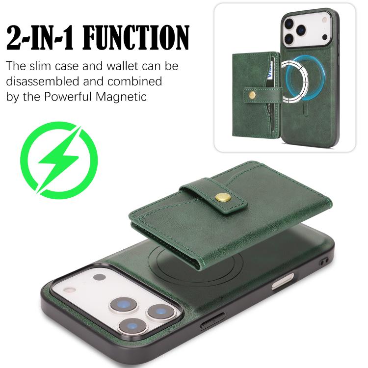 For iPhone 17 Pro Max Kalebol Magnetic Button Card Bag MagSafe Ring Leather Phone Case(Green) - iPhone 17 Pro Max Cases by Kalebol | Online Shopping UK | buy2fix