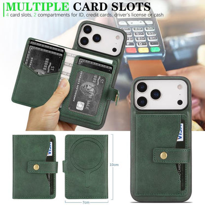 For iPhone 17 Pro Max Kalebol Magnetic Button Card Bag MagSafe Ring Leather Phone Case(Green) - iPhone 17 Pro Max Cases by Kalebol | Online Shopping UK | buy2fix