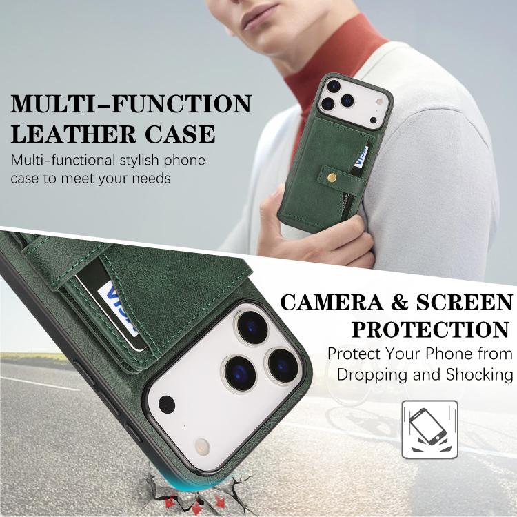 For iPhone 17 Pro Max Kalebol Magnetic Button Card Bag MagSafe Ring Leather Phone Case(Green) - iPhone 17 Pro Max Cases by Kalebol | Online Shopping UK | buy2fix