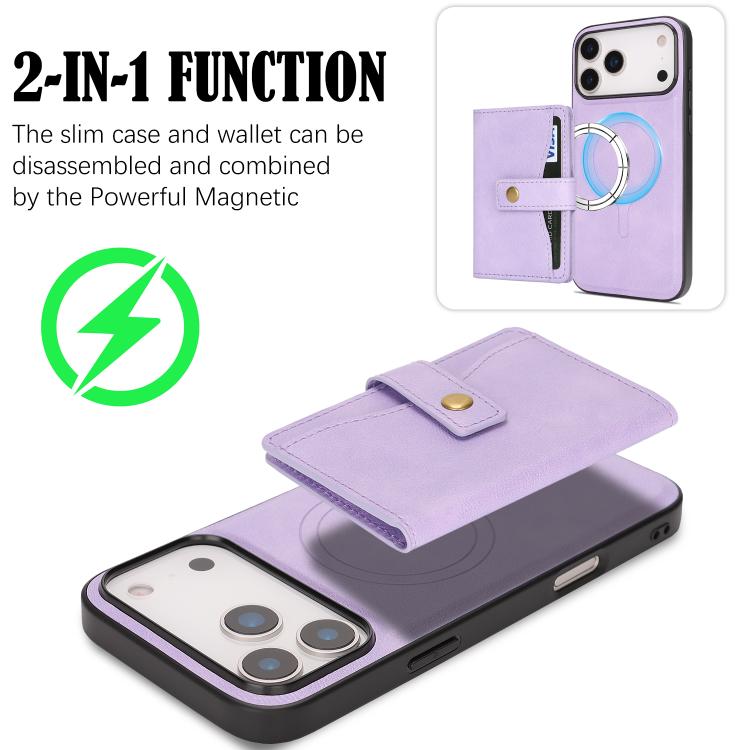 For iPhone 17 Pro Max Kalebol Magnetic Button Card Bag MagSafe Ring Leather Phone Case(Purple) - iPhone 17 Pro Max Cases by Kalebol | Online Shopping UK | buy2fix