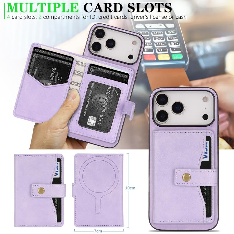 For iPhone 17 Pro Max Kalebol Magnetic Button Card Bag MagSafe Ring Leather Phone Case(Purple) - iPhone 17 Pro Max Cases by Kalebol | Online Shopping UK | buy2fix