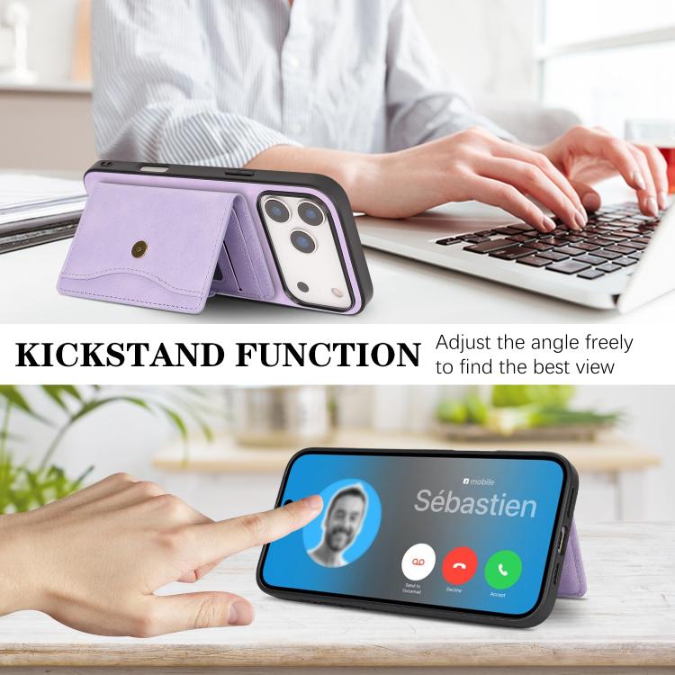 For iPhone 17 Pro Max Kalebol Magnetic Button Card Bag MagSafe Ring Leather Phone Case(Purple) - iPhone 17 Pro Max Cases by Kalebol | Online Shopping UK | buy2fix