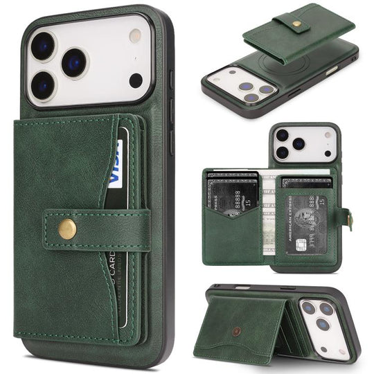 For iPhone 18 Pro / 17 Pro Kalebol Magnetic Button Card Bag MagSafe Ring Leather Phone Case(Green)
