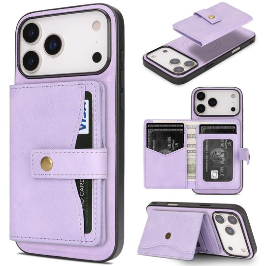 For iPhone 18 Pro / 17 Pro Kalebol Magnetic Button Card Bag MagSafe Ring Leather Phone Case(Purple)