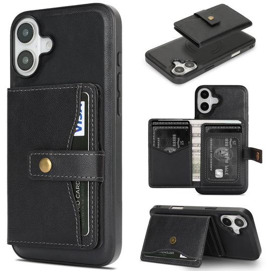 For iPhone 17 Kalebol Magnetic Button Card Bag MagSafe Ring Leather Phone Case(Black)