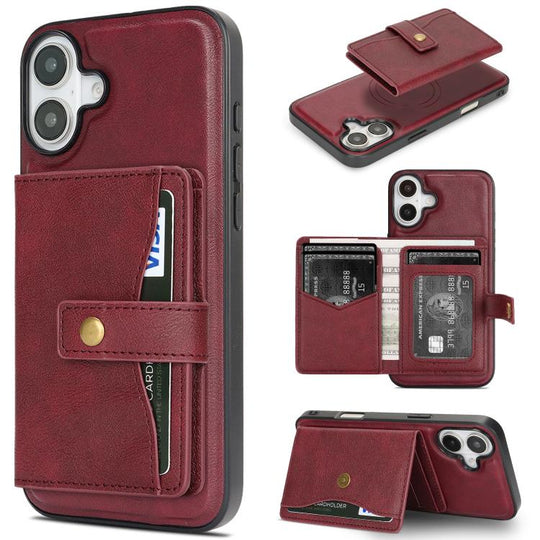 For iPhone 17 Kalebol Magnetic Button Card Bag MagSafe Ring Leather Phone Case(Red)