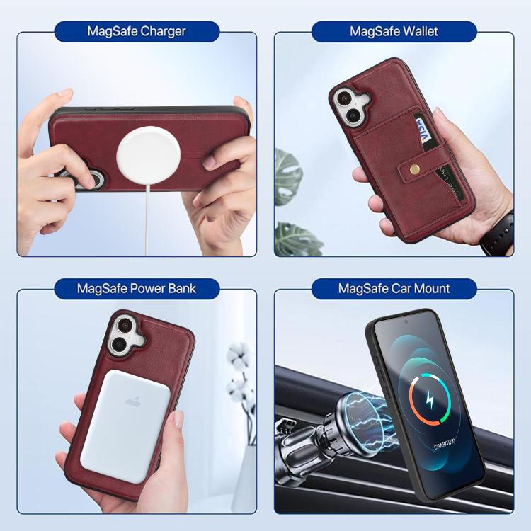 For iPhone 17 Kalebol Magnetic Button Card Bag MagSafe Ring Leather Phone Case(Red) - iPhone 17 Cases by Kalebol | Online Shopping UK | buy2fix