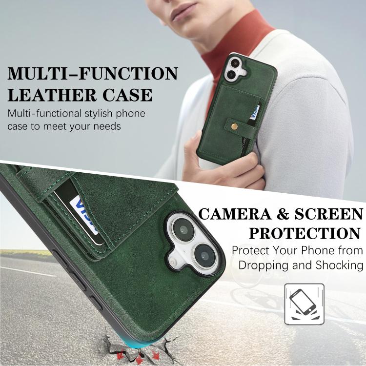 For iPhone 17 Kalebol Magnetic Button Card Bag MagSafe Ring Leather Phone Case(Green) - iPhone 17 Cases by Kalebol | Online Shopping UK | buy2fix