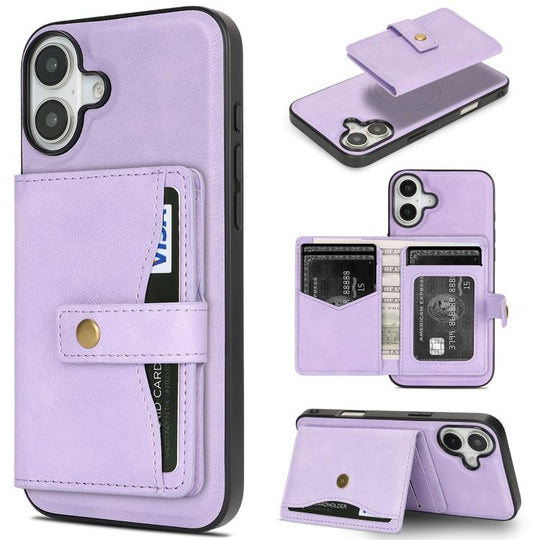 For iPhone 17 Kalebol Magnetic Button Card Bag MagSafe Ring Leather Phone Case(Purple)