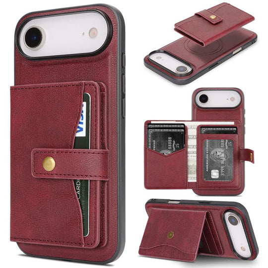 For iPhone Air Kalebol Magnetic Button Card Bag MagSafe Ring Leather Phone Case(Red)