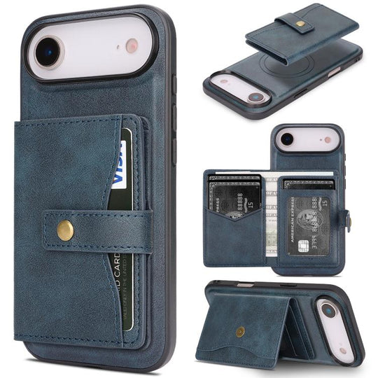 For iPhone Air Kalebol Magnetic Button Card Bag MagSafe Ring Leather Phone Case(Blue)