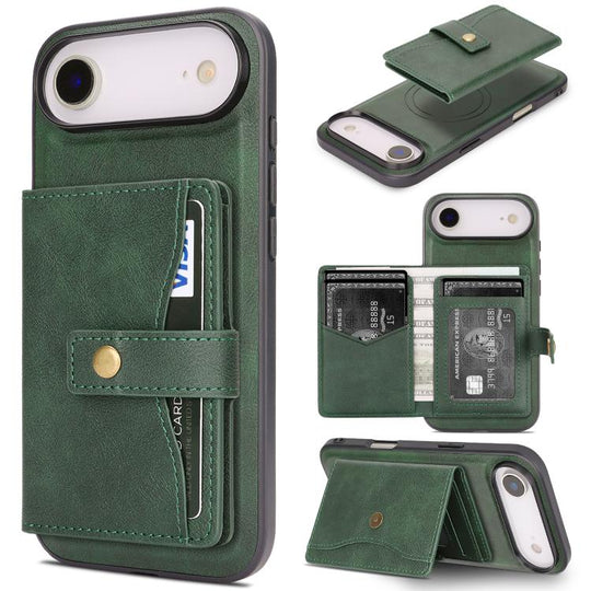 For iPhone Air Kalebol Magnetic Button Card Bag MagSafe Ring Leather Phone Case(Green)