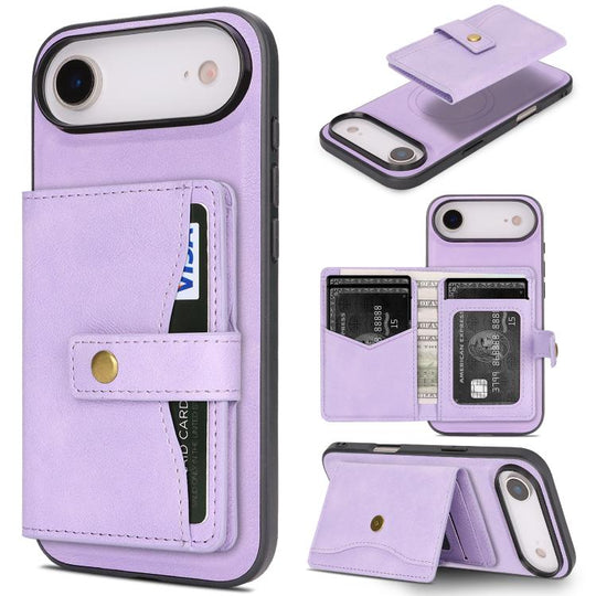 For iPhone Air Kalebol Magnetic Button Card Bag MagSafe Ring Leather Phone Case(Purple)