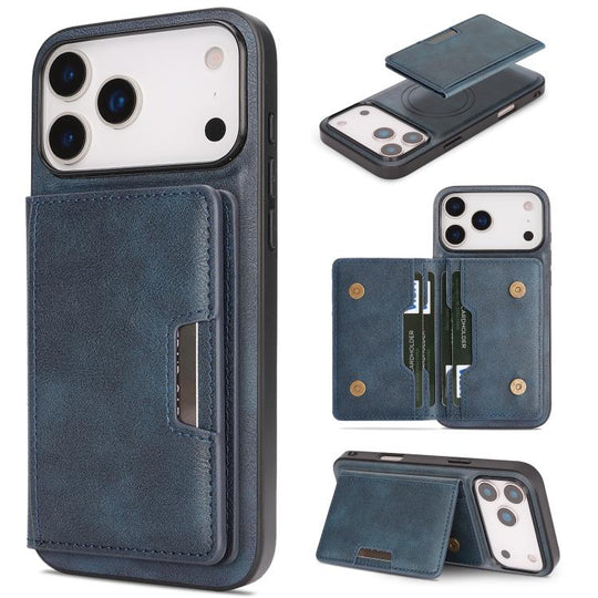 For iPhone 17 Pro Max Kalebol Strong MagSafe Magnetic Two-Fold Card Bag Leather Phone Case(Blue)