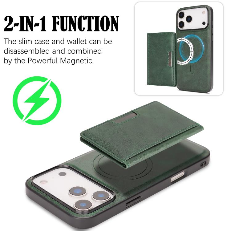 For iPhone 17 Pro Max Kalebol Strong MagSafe Magnetic Two-Fold Card Bag Leather Phone Case(Green) - iPhone 17 Pro Max Cases by Kalebol | Online Shopping UK | buy2fix