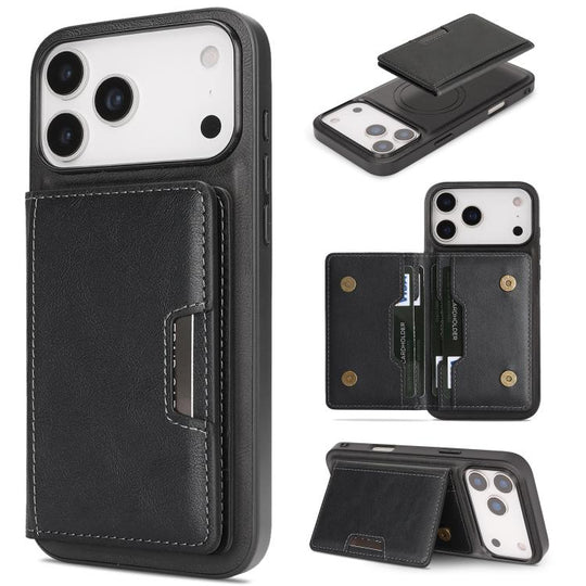 For iPhone 17 Pro Kalebol Strong MagSafe Magnetic Two-Fold Card Bag Leather Phone Case(Black)