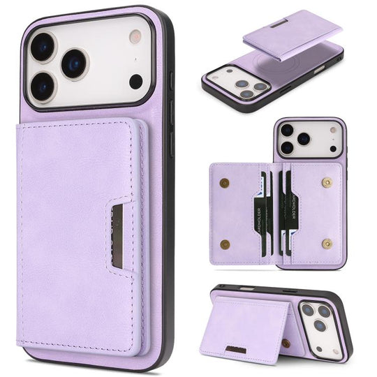 For iPhone 17 Pro Kalebol Strong MagSafe Magnetic Two-Fold Card Bag Leather Phone Case(Purple)