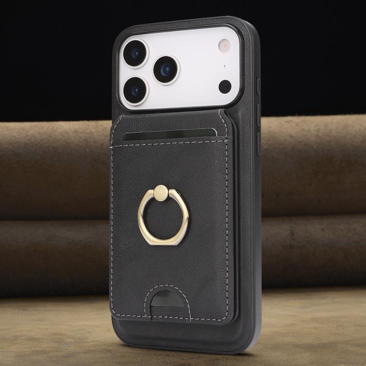 For iPhone 17 Pro Max Kalebol Strong MagSafe Ring Magnetic Card Bag Holder Leather Phone Case(Black) - iPhone 17 Pro Max Cases by Kalebol | Online Shopping UK | buy2fix