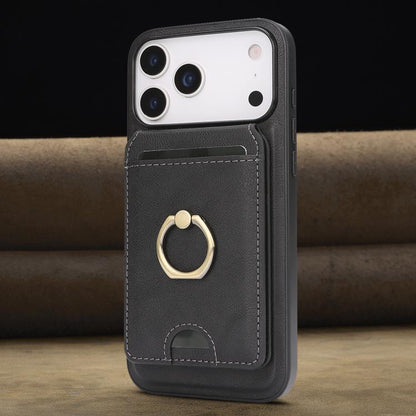 For iPhone 17 Pro Max Kalebol Strong MagSafe Ring Magnetic Card Bag Holder Leather Phone Case(Black) - iPhone 17 Pro Max Cases by Kalebol | Online Shopping UK | buy2fix