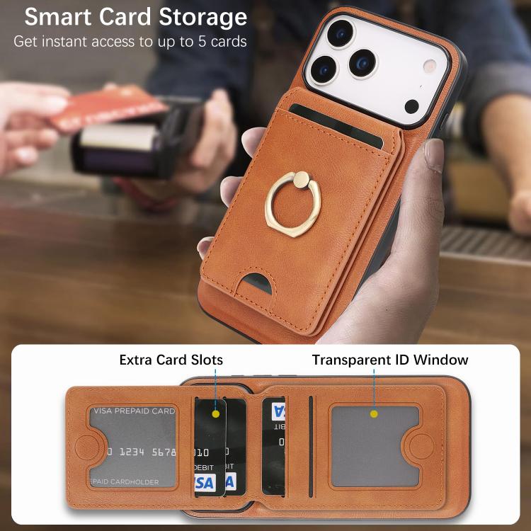 For iPhone 17 Pro Max Kalebol Strong MagSafe Ring Magnetic Card Bag Holder Leather Phone Case(Brown) - iPhone 17 Pro Max Cases by Kalebol | Online Shopping UK | buy2fix