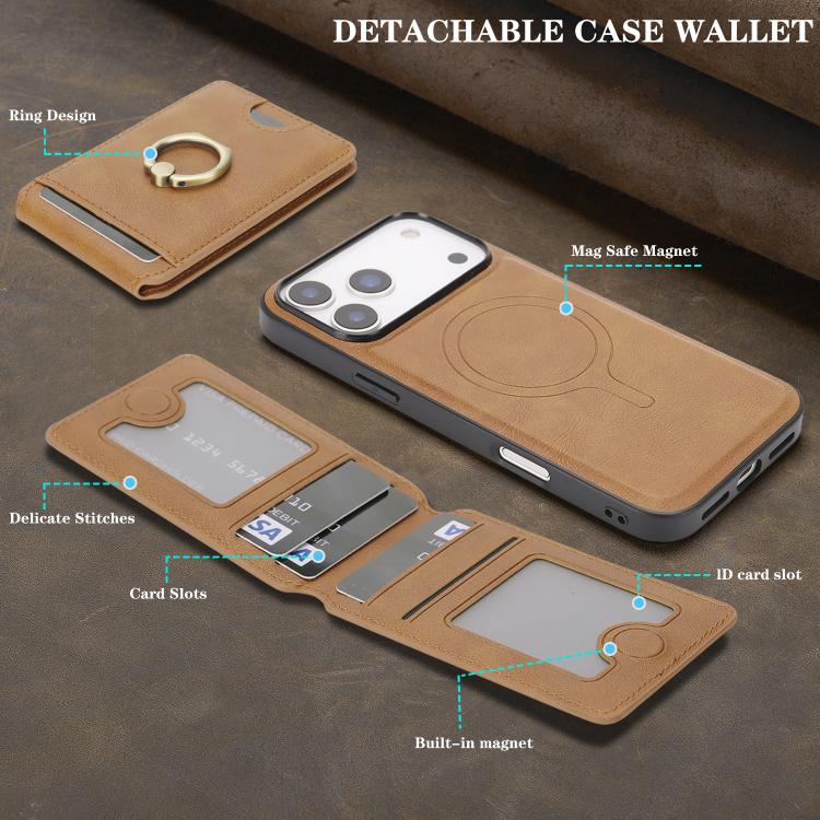 For iPhone 17 Pro Max Kalebol Strong MagSafe Ring Magnetic Card Bag Holder Leather Phone Case(Brown) - iPhone 17 Pro Max Cases by Kalebol | Online Shopping UK | buy2fix