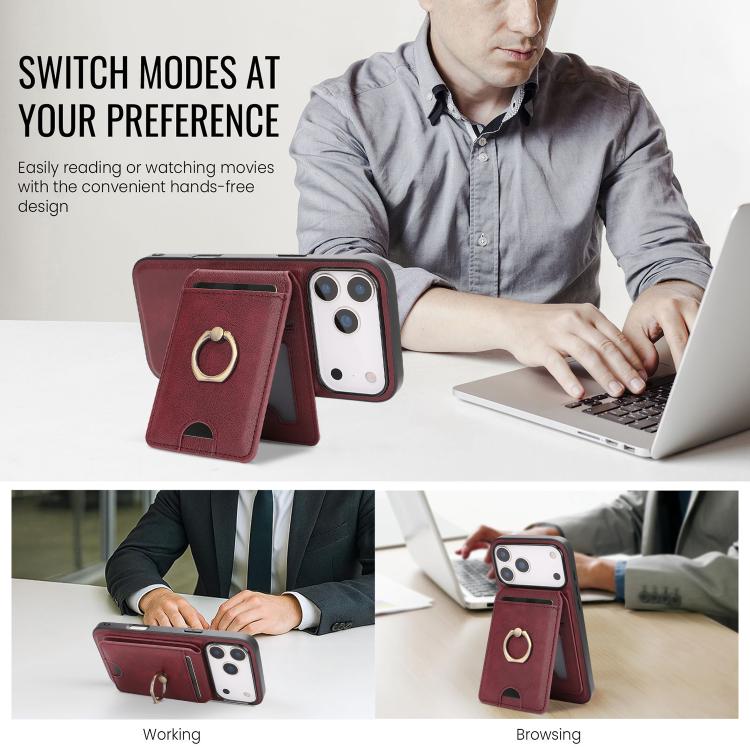 For iPhone 17 Pro Max Kalebol Strong MagSafe Ring Magnetic Card Bag Holder Leather Phone Case(Red) - iPhone 17 Pro Max Cases by Kalebol | Online Shopping UK | buy2fix