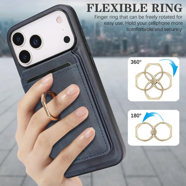 For iPhone 17 Pro Max Kalebol Strong MagSafe Ring Magnetic Card Bag Holder Leather Phone Case(Blue) - iPhone 17 Pro Max Cases by Kalebol | Online Shopping UK | buy2fix