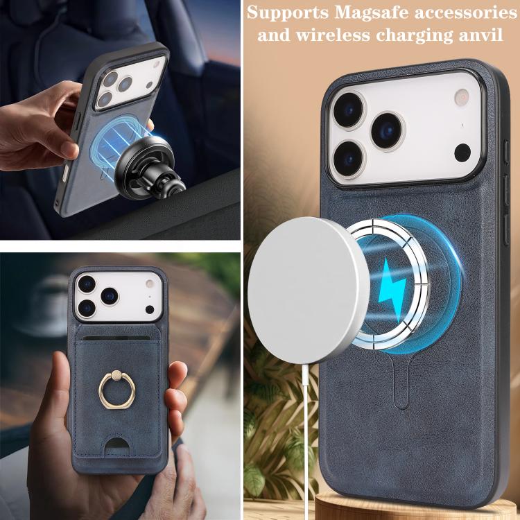 For iPhone 17 Pro Max Kalebol Strong MagSafe Ring Magnetic Card Bag Holder Leather Phone Case(Blue) - iPhone 17 Pro Max Cases by Kalebol | Online Shopping UK | buy2fix