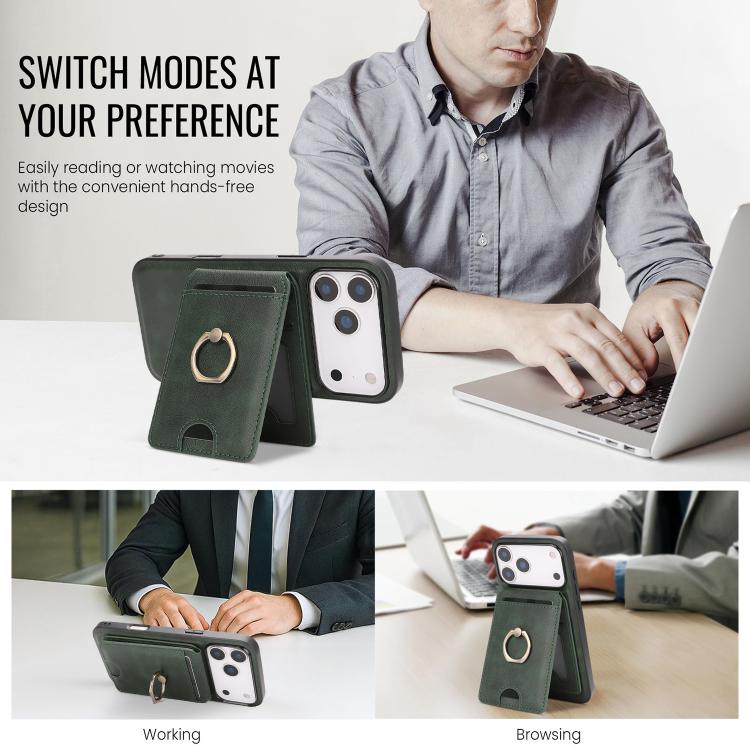 For iPhone 17 Pro Max Kalebol Strong MagSafe Ring Magnetic Card Bag Holder Leather Phone Case(Green) - iPhone 17 Pro Max Cases by Kalebol | Online Shopping UK | buy2fix