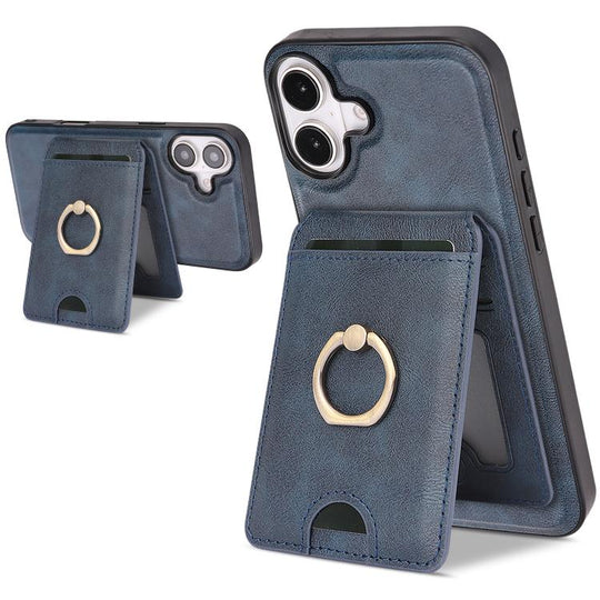 For iPhone 17 Kalebol Strong MagSafe Ring Magnetic Card Bag Holder Leather Phone Case(Blue)