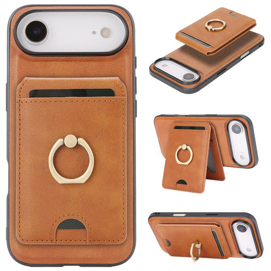 For iPhone Air Kalebol Strong MagSafe Ring Magnetic Card Bag Holder Leather Phone Case(Brown)