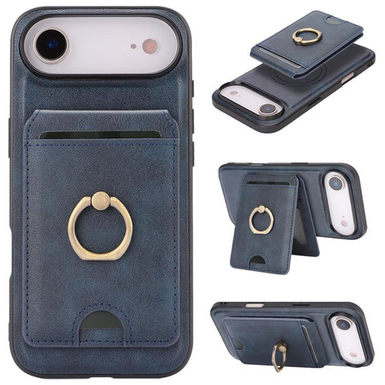 For iPhone Air Kalebol Strong MagSafe Ring Magnetic Card Bag Holder Leather Phone Case(Blue)