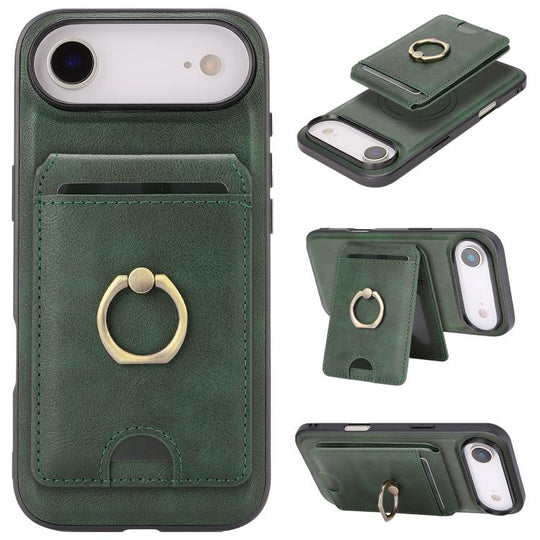 For iPhone Air Kalebol Strong MagSafe Ring Magnetic Card Bag Holder Leather Phone Case(Green)