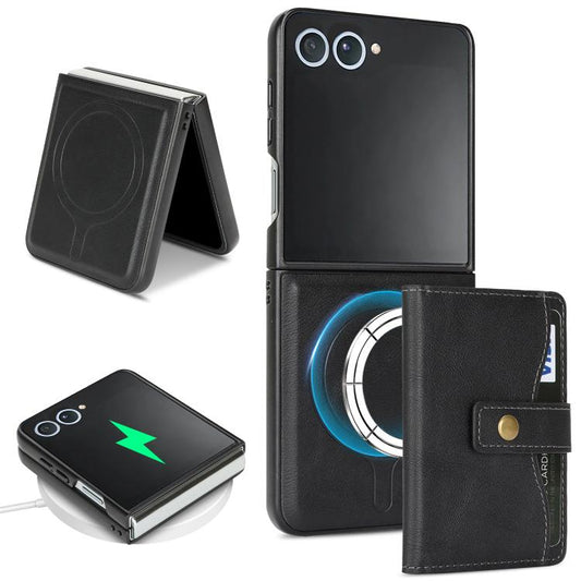 For Samsung Galaxy Z Flip7 Kalebol Magnetic Button Card Bag MagSafe Ring Leather Phone Case(Black) - Galaxy Z Flip7 5G Cases by Kalebol | Online Shopping UK | buy2fix
