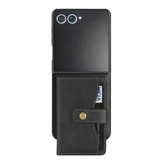 For Samsung Galaxy Z Flip7 Kalebol Magnetic Button Card Bag MagSafe Ring Leather Phone Case(Black) - Galaxy Z Flip7 5G Cases by Kalebol | Online Shopping UK | buy2fix