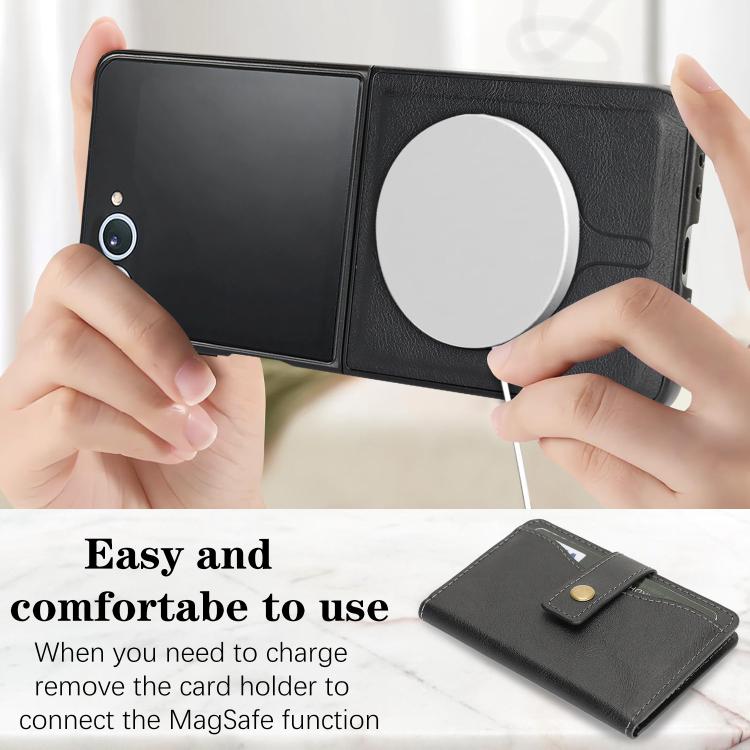 For Samsung Galaxy Z Flip7 Kalebol Magnetic Button Card Bag MagSafe Ring Leather Phone Case(Black) - Galaxy Z Flip7 5G Cases by Kalebol | Online Shopping UK | buy2fix