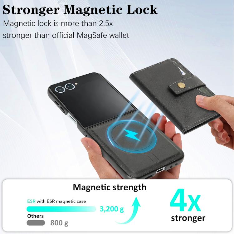 For Samsung Galaxy Z Flip7 Kalebol Magnetic Button Card Bag MagSafe Ring Leather Phone Case(Black) - Galaxy Z Flip7 5G Cases by Kalebol | Online Shopping UK | buy2fix
