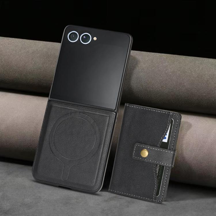 For Samsung Galaxy Z Flip7 Kalebol Magnetic Button Card Bag MagSafe Ring Leather Phone Case(Black) - Galaxy Z Flip7 5G Cases by Kalebol | Online Shopping UK | buy2fix