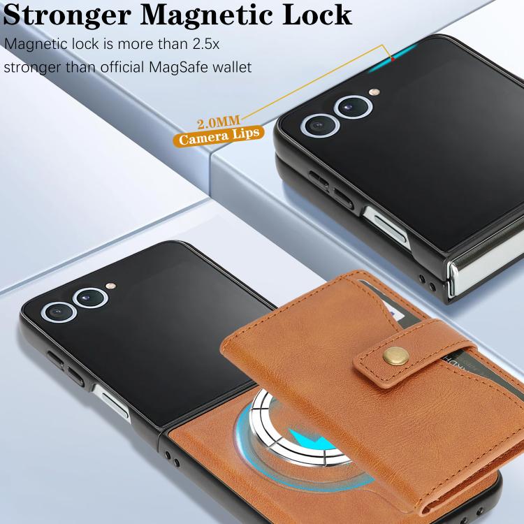 For Samsung Galaxy Z Flip7 Kalebol Magnetic Button Card Bag MagSafe Ring Leather Phone Case(Brown) - Galaxy Z Flip7 5G Cases by Kalebol | Online Shopping UK | buy2fix