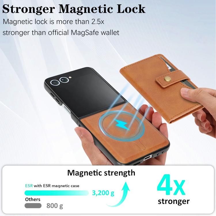 For Samsung Galaxy Z Flip7 Kalebol Magnetic Button Card Bag MagSafe Ring Leather Phone Case(Brown) - Galaxy Z Flip7 5G Cases by Kalebol | Online Shopping UK | buy2fix