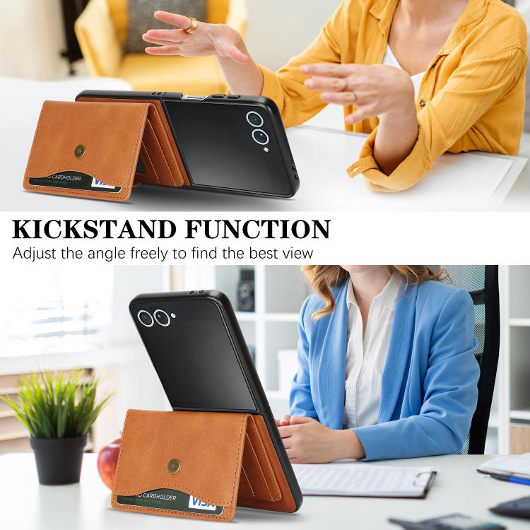 For Samsung Galaxy Z Flip7 Kalebol Magnetic Button Card Bag MagSafe Ring Leather Phone Case(Brown) - Galaxy Z Flip7 5G Cases by Kalebol | Online Shopping UK | buy2fix