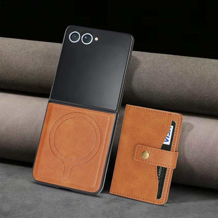 For Samsung Galaxy Z Flip7 Kalebol Magnetic Button Card Bag MagSafe Ring Leather Phone Case(Brown) - Galaxy Z Flip7 5G Cases by Kalebol | Online Shopping UK | buy2fix