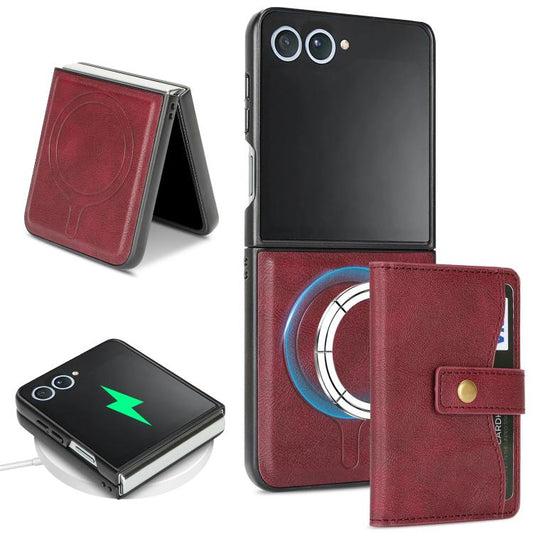 For Samsung Galaxy Z Flip7 Kalebol Magnetic Button Card Bag MagSafe Ring Leather Phone Case(Red) - Galaxy Z Flip7 5G Cases by Kalebol | Online Shopping UK | buy2fix