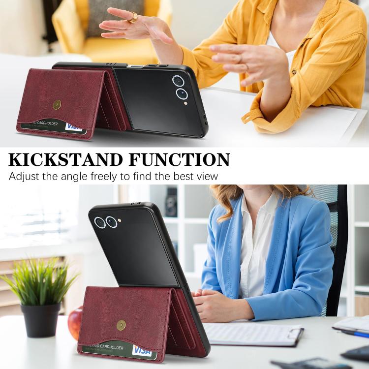 For Samsung Galaxy Z Flip7 Kalebol Magnetic Button Card Bag MagSafe Ring Leather Phone Case(Red) - Galaxy Z Flip7 5G Cases by Kalebol | Online Shopping UK | buy2fix
