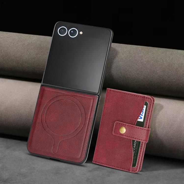 For Samsung Galaxy Z Flip7 Kalebol Magnetic Button Card Bag MagSafe Ring Leather Phone Case(Red) - Galaxy Z Flip7 5G Cases by Kalebol | Online Shopping UK | buy2fix