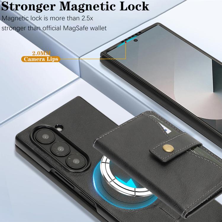 For Samsung Galaxy Z Fold7 Kalebol Magnetic Button Card Bag MagSafe Ring Leather Phone Case(Black) - Galaxy Z Fold7 5G Cases by Kalebol | Online Shopping UK | buy2fix