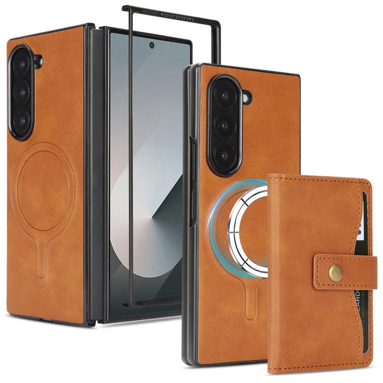 For Samsung Galaxy Z Fold7 Kalebol Magnetic Button Card Bag MagSafe Ring Leather Phone Case(Brown) - Galaxy Z Fold7 5G Cases by Kalebol | Online Shopping UK | buy2fix